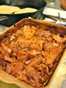 Finished carnitas, pulled into small pieces with two forks.