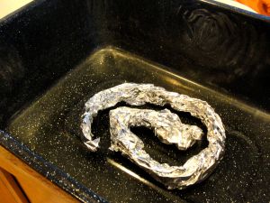Foil stand-in for a rack in the roasting pan
