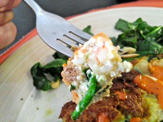 A bite of Almond Shrimp Skillet Bread Pudding