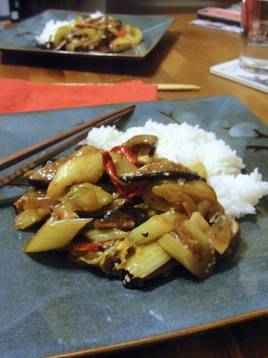 Shiitake and Celery Stir-Fry with sesame and ginger, served with rice.