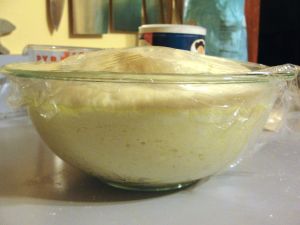 Barbari bread dough after rising.