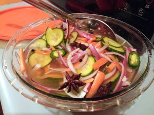 Pickled vegetables prepared as a condiment for gua bao.