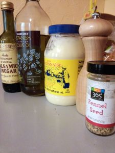 Dressing base ingredients. (Red pepper flakes, Dijon mustard, diluted with apple-cider vinegar, not shown.)