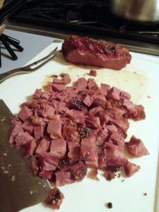 Corned beef brisket cubed for pie filling.