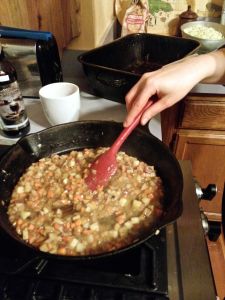 Add water flour while sautéing to make a roux-like sauce.